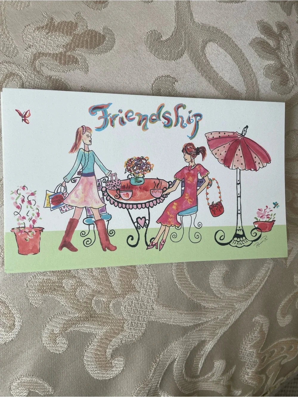 Friendship Greeting Card – Pink and Green. 6 Cards 6 Envelopes
